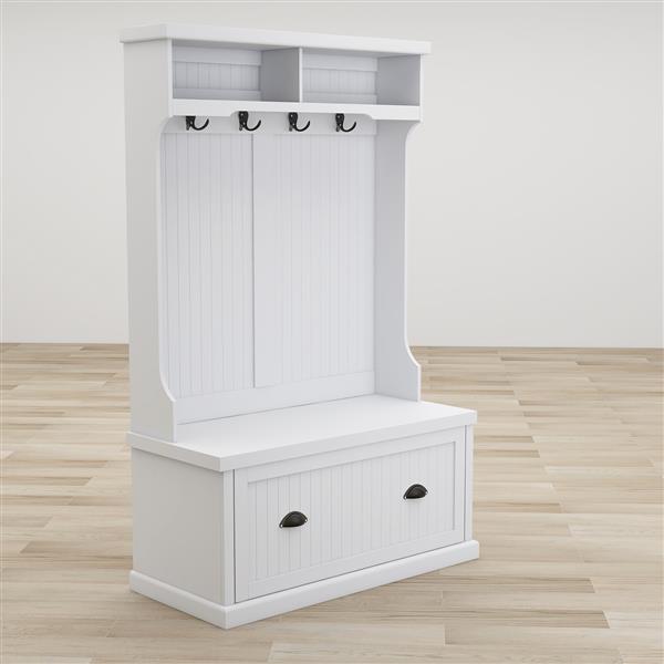 Entryway hall tree with coat rack 4 hooks and storage bench shoe cabinet white