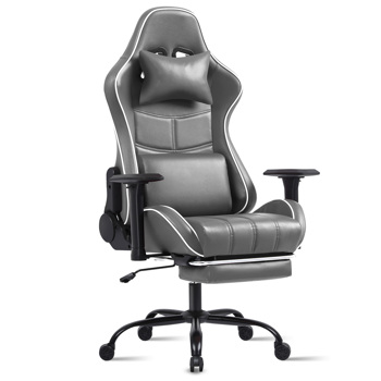 Computer Gaming Chairs for Adults, Ergonomic Computer Chair for Heavy People, Adjustable Lumbar Office Desk Chair with Footrest, 360°-Swivel Seat PU Leather Gamer Chair, Dark Gray