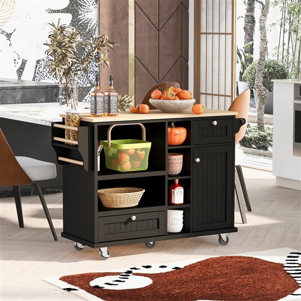 Kitchen Island Cart with Storage Cabinet and Two Locking Wheels,Solid wood desktop,Microwave cabinet,Floor Standing Buffet Server Sideboard for Kitchen Room,Dining Room,, Bathroom(Black)