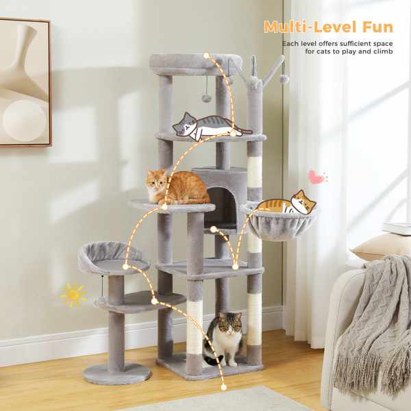 59" Cat Tree,Cat Tower for Large Cats,Multi-Level Cat Tower with 3 Removable Pompom Sticks,Cat Condo with Large Hammock,Scratching Post,and 2 Perches,Grey(Banned shein,unable to ship on weekends)