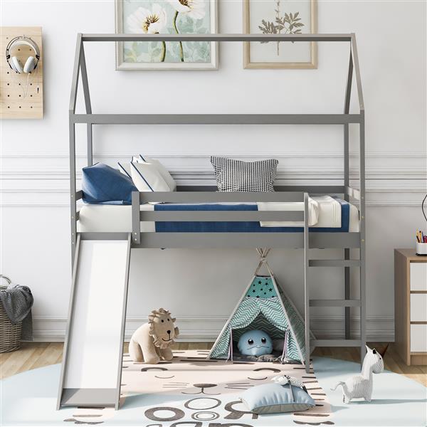 Twin Loft Bed with Slide, House Bed with Slide,Gray