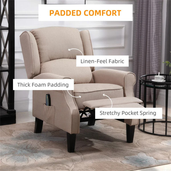 Dark Beige Recliner Chair.   Wingback Single Sofa with Vibration Massage, Heat, Push Back