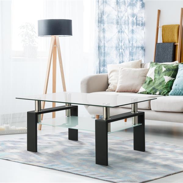 Rectangle Black Glass Coffee Table, Clear Coffee Table, Modern Side Center Tables for Living Room, Living Room Furniture