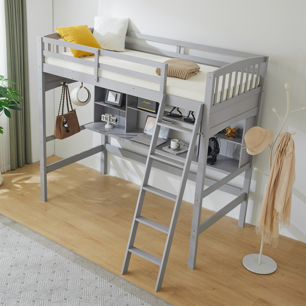 Loft bed with shelf with desk inclined ladder gray twin wooden bed pine particle board