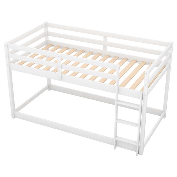 Twin over Twin Floor Bunk Bed with Ladder , White