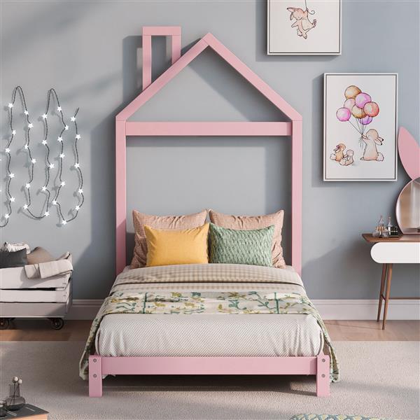 Twin Size Wood Platform Bed with House-shaped Headboard  (Pink)