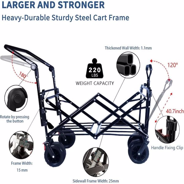 Collapsible Wagon Heavy Duty Folding Wagon Cart with Removable Canopy, 4" Wide Large All Terrain Wheels, Brake, Adjustable Handles,Cooler Bag Utility Carts for Outdoor Garden Wagons Carts Beach Cart