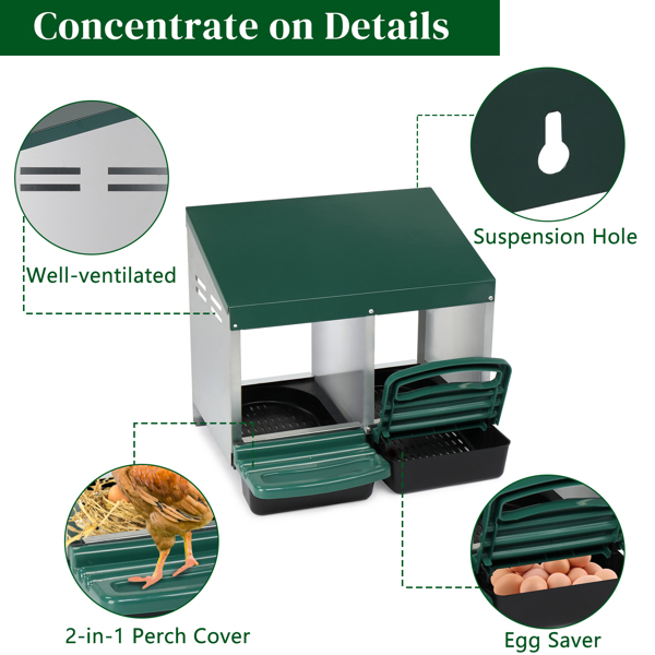 2 Compartment Roll Out Chicken Nesting Box with Plastic Basket, Egg Nest Box Chicken Laying Box Hens Chicken Coop Box, Green