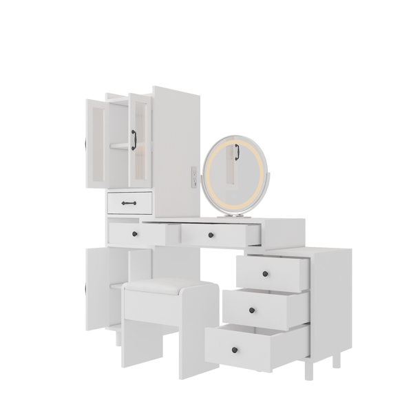 Modern Makeup Vanity Table Set with Side Cabinet and Nightstand and LED Mirror, Retractable Dressing Table with Power Outlets, 3 Light Colors