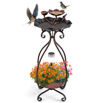 Copper Solar Bird Bath Feeder Combo with Flower Planter Pedestal and Solar Lights