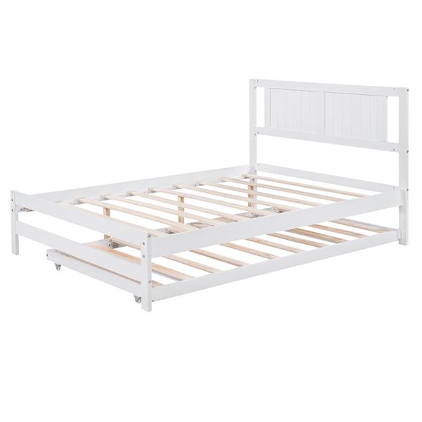 Full Size Platform Bed with Adjustable Trundle,White