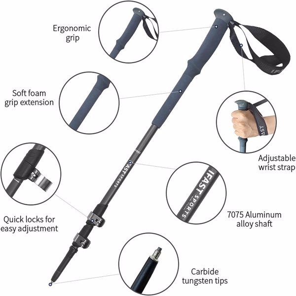 Pair of 2 Trekking Walking Hiking Sticks Anti-shock Adjustable Alpenstock Poles