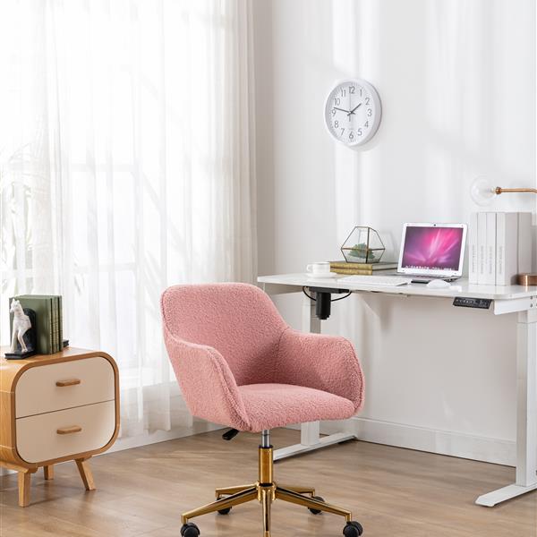 Modern Teddy Fabric Material Adjustable Height 360 Revolving Home Office Chair With Gold Metal Legs And Universal Wheel For Indoor,Pink