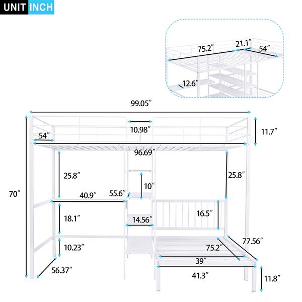 Full Over Twin Metal Bunk Bed with Built-in Desk, Shelves and Ladder, White