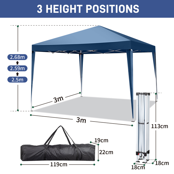 3 x 3m Two Doors & Two Windows Practical Waterproof Right-Angle Folding Tent Blue