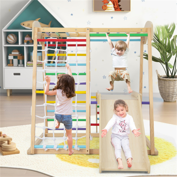 6-in-1 Kids Wooden Playground， Indoor Jungle Gym With slide