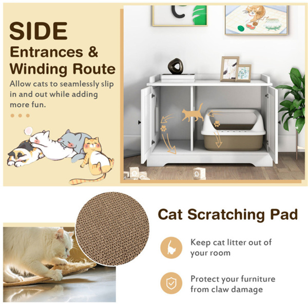 White Wooden Cat House with Scratching Pad and Adjustable Divider, Nightstand, Coffee Table, or Side Table