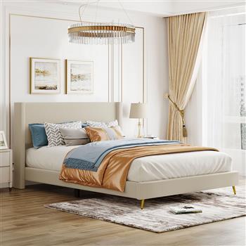 Queen Size Corduroy Platform Bed with Metal Legs, Beige