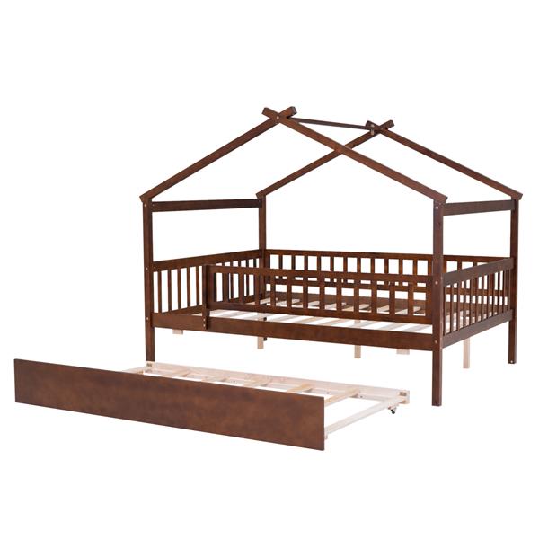 Full Size Wooden House Bed with Twin Size Trundle, Walnut