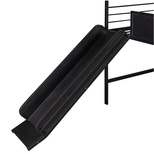 Metal House Bed With Slide, Twin Size Metal Loft Bed with Two-sided writable Wooden Board (Black )