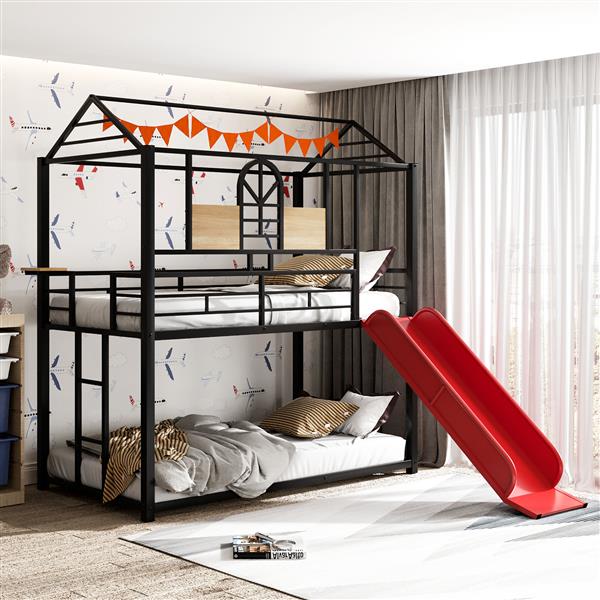 Twin Over Twin Metal Bunk Bed ,Metal Housebed With Slide,Three Colors Available.(Black with Red Slide)