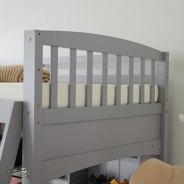 Loft bed with shelf with desk inclined ladder gray twin wooden bed pine particle board