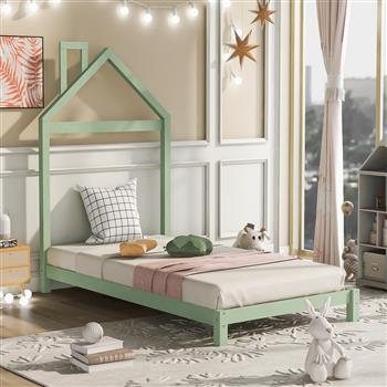 Twin Size Wood Platform Bed with House-shaped Headboard  (Green)