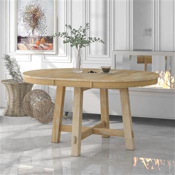 Farmhouse Round Extendable Dining Table with 16\\" Leaf Wood Kitchen Table (Natural Wood Wash)