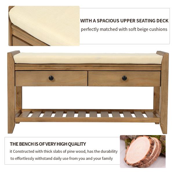 Shoe Rack with Cushioned Seat and Drawers, Multipurpose Entryway Storage Bench (Old Pine)