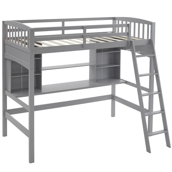 Loft bed with shelf with desk inclined ladder gray twin wooden bed pine particle board