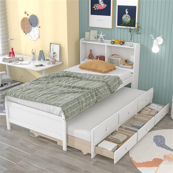 Twin Bed with Bookcase,Twin Trundle,Drawers,White