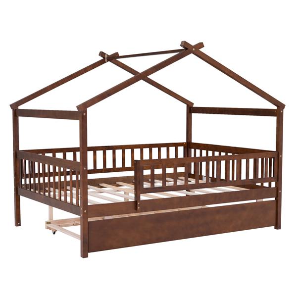 Full Size Wooden House Bed with Twin Size Trundle, Walnut