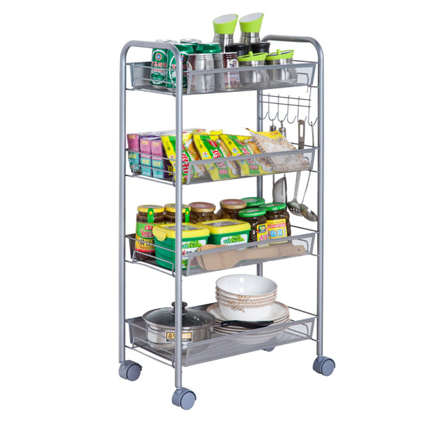 Honeycomb Mesh Style Four Layers Removable Storage Cart Silver