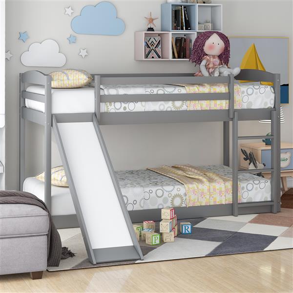 Twin over Twin Bunk Bed with Convertible Slide and Ladder , Gray