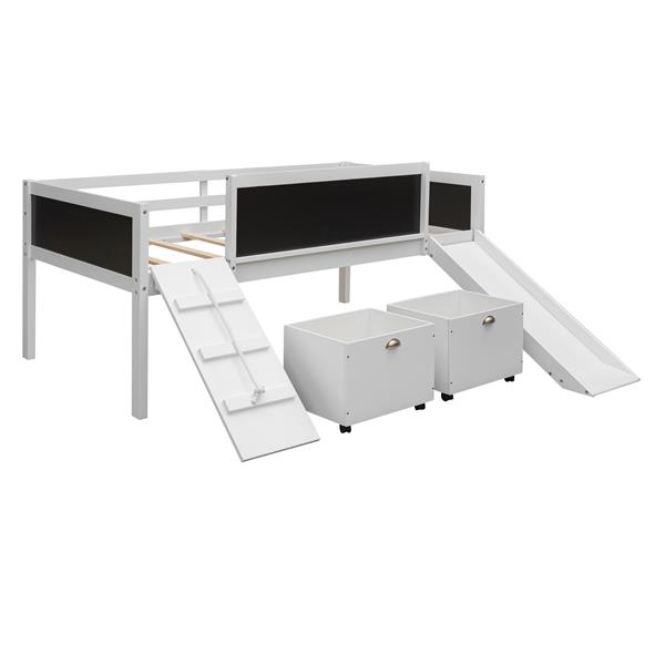 Twin size Loft Bed Wood Bed with Two Storage Boxes - White