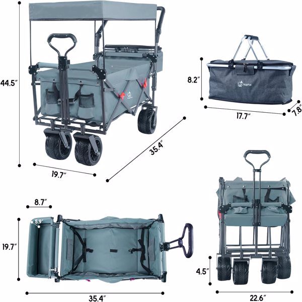 Collapsible Wagon Heavy Duty Folding Wagon Cart with Removable Canopy, 4" Wide Large All Terrain Wheels, Brake, Adjustable Handles,Cooler Bag Utility Carts for Outdoor Garden Wagons Carts Beach Cart