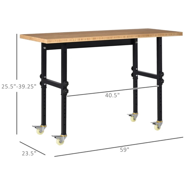 59" Garage Work Bench with Wheels, Height Adjustable Legs, Bamboo Tabletop Workstation Tool Table