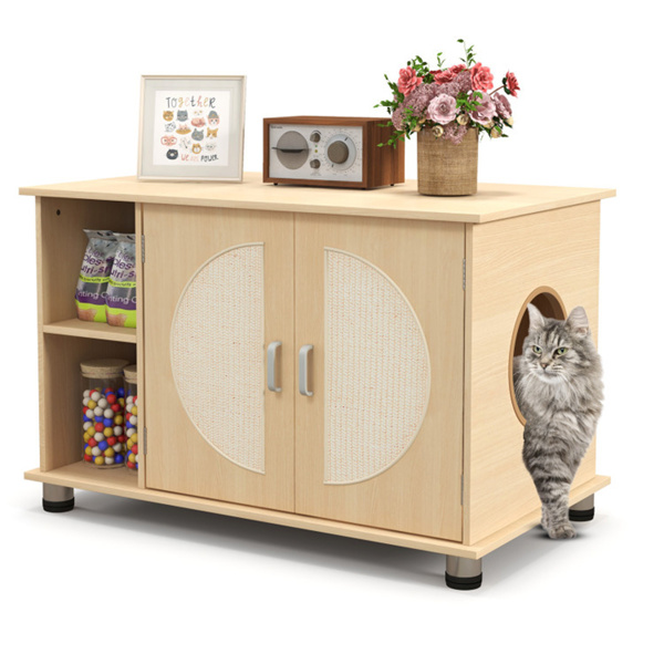  32" Cat Litter Box Enclosure with Sisal Scratching Doors and Adjustable Metal Feet