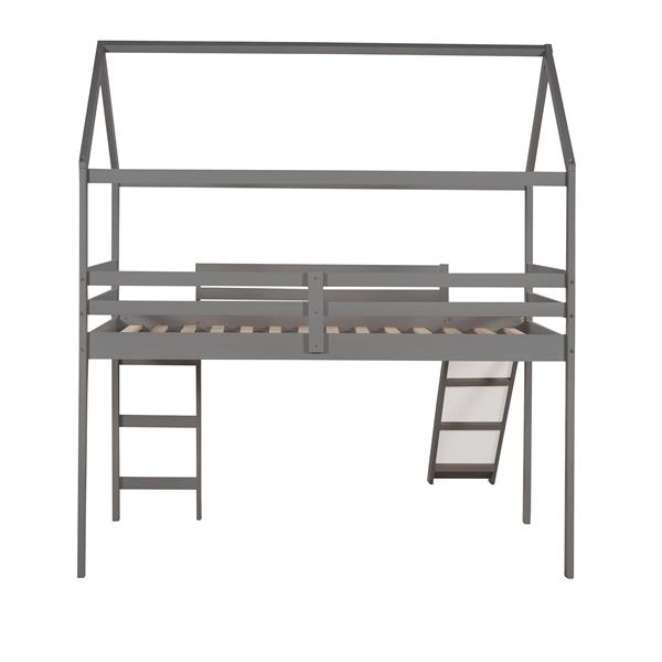 Twin Loft Bed with Slide, House Bed with Slide,Gray