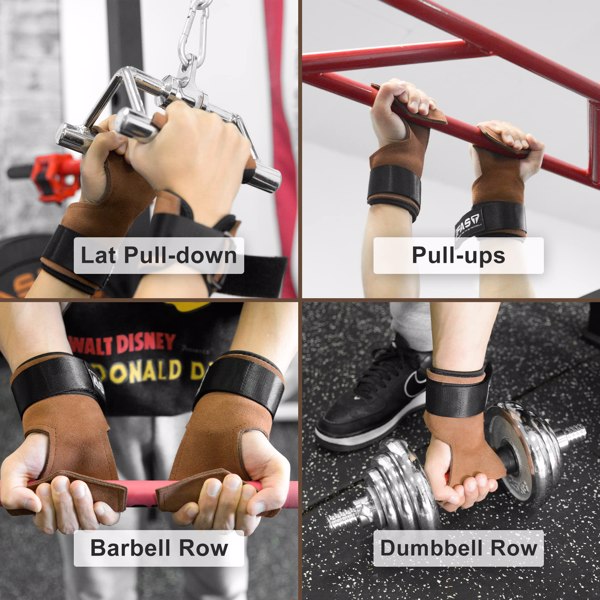 Weight Lifting Grips with Wrist Straps - Weightlifting Hooks, Non-slip Cowhide Padded Workout Gloves for Men and Women Deadlift, Pull Up, Rows, Home Gym Power Training (Brown)