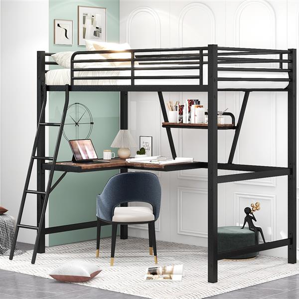 Twin Size Loft Metal&MDF Bed with Desk and Shelf, Black