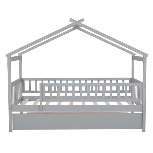 Twin Size Wooden House Bed with Twin Size Trundle, Gray