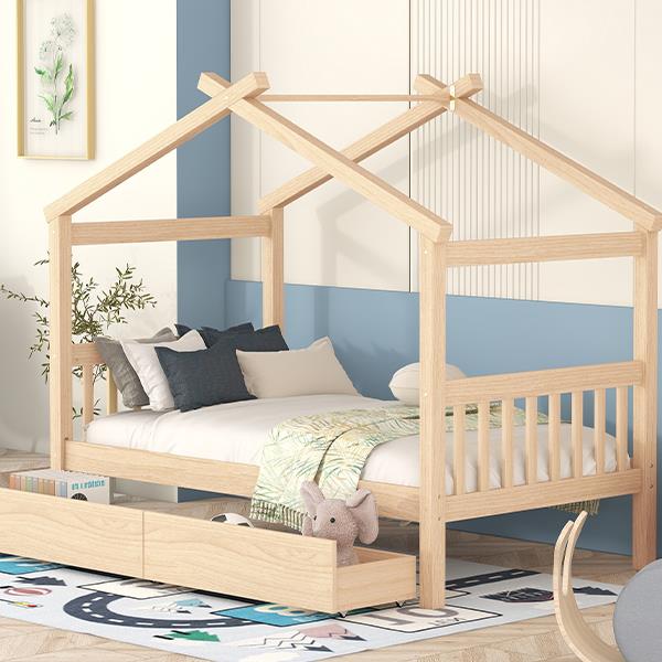 Twin Size Wooden House Bed with Drawers, Natural