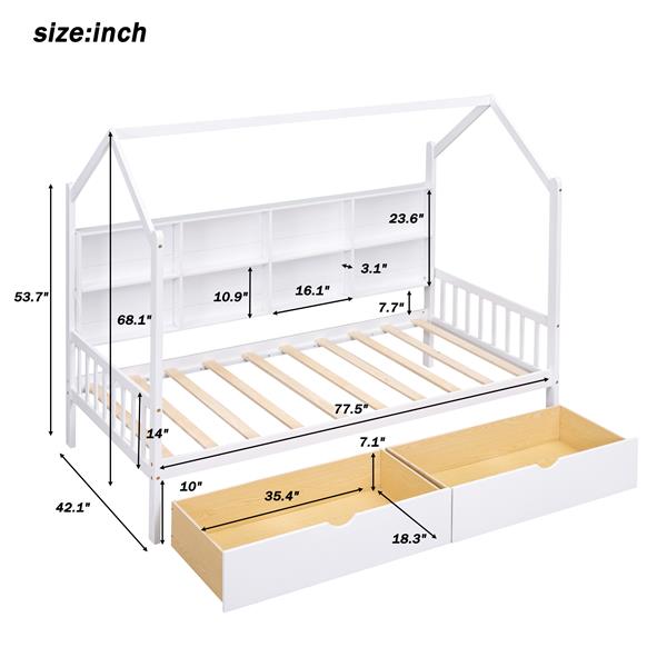 Wooden Twin Size House Bed with 2 Drawers,Kids Bed with Storage Shelf, White