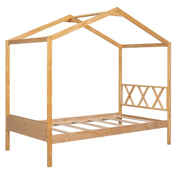 Twin Size Wood House Bed with Storage Space, Natural