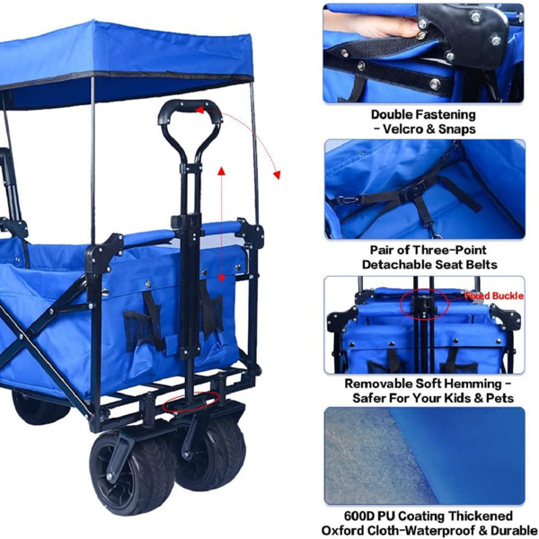 Collapsible Wagon Heavy Duty Folding Wagon Cart with Removable Canopy, 4" Wide Large All Terrain Wheels, Brake, Adjustable Handles,Cooler Bag Utility Carts for Outdoor Garden Wagons Carts Beach Cart