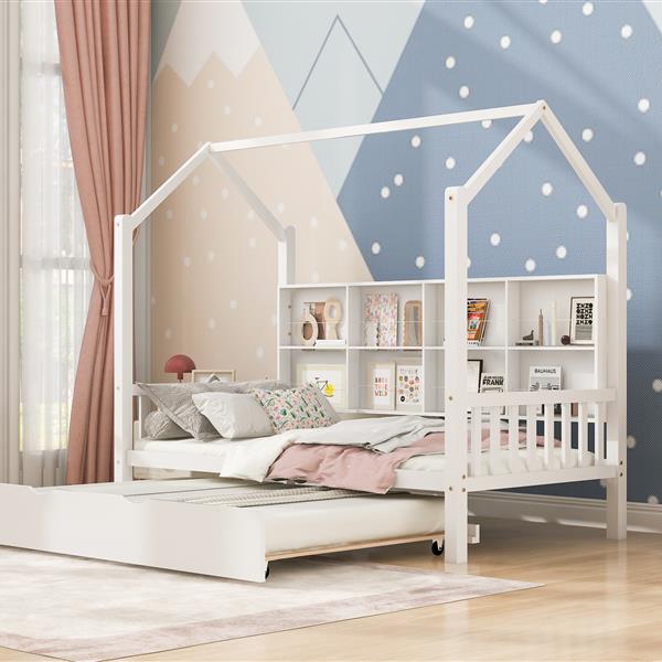 Wooden Twin Size House Bed with Trundle,Kids Bed with Shelf, White