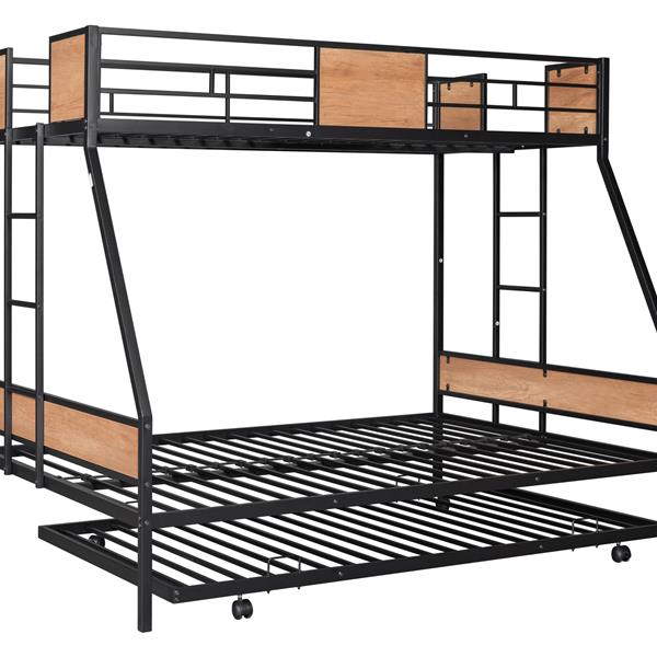 Metal Twin over Full Bunk Bed with Trundle/ Heavy-duty Sturdy Metal/ Noise Reduced/ Safety Guardrail/ Wooden Decoration/ Convenient Trundle / Bunk Bed for Three/ CPC Certified/ No Box Spring Needed