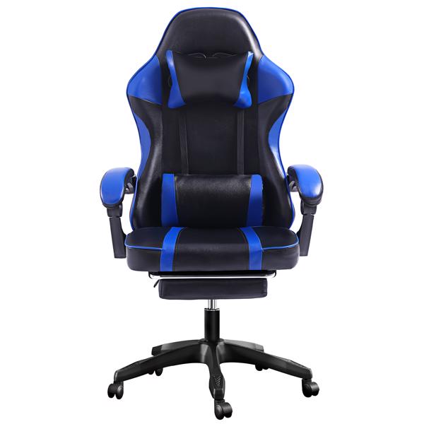 Ergonomic Gaming Chair with Footrest, Comfortable Computer Chair for Heavy People, Adjustable Lumbar Desk Office Chair with 360°-Swivel Seat, PU Leather Video Game Chairs for Adults, Blue