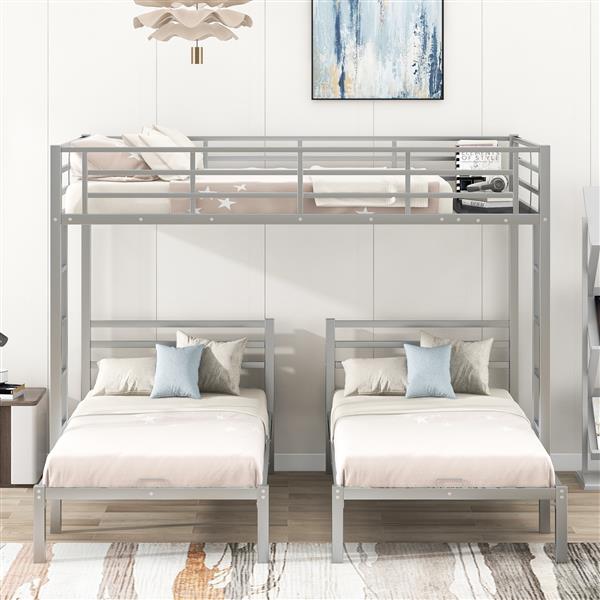 Full over Twin&Twin Size Bunk Bed with Built-in Shelf, Silver